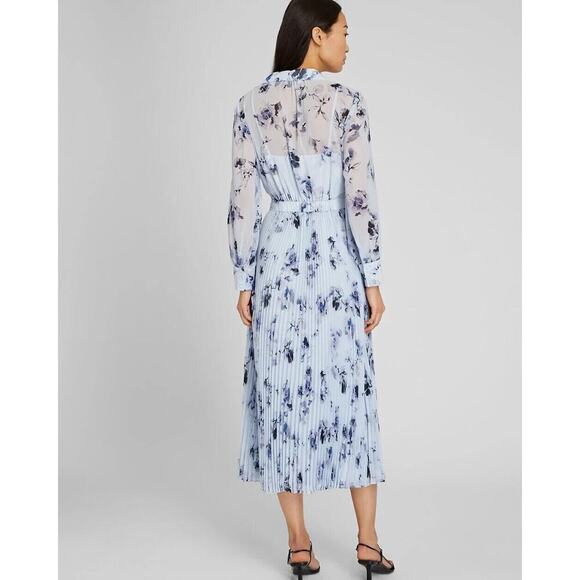 NWD Club Monaco Pleated Maxi Shirt Dress Size 10 Blue Floral Sold Out 9F404 - Picture 3 of 16